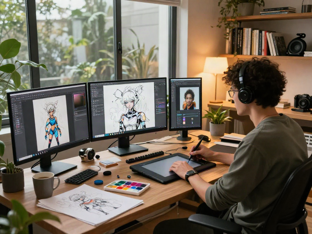 NSFW AI artist creating digital illustrations in a vibrant home studio