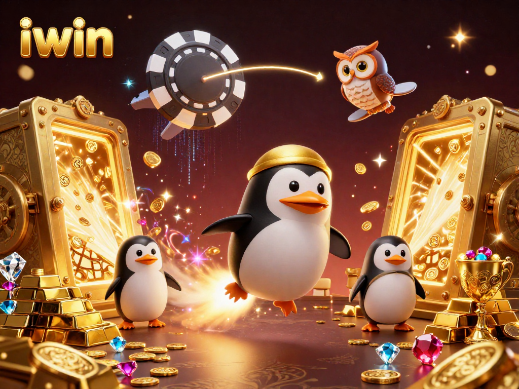 iwin casino illustration with golden penguin and a vibrant casino-themed background