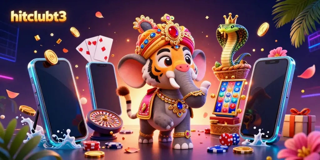 Engage with hitclubt3 slots in a lively scene featuring a jeweled elephant, tiger, and cobra.