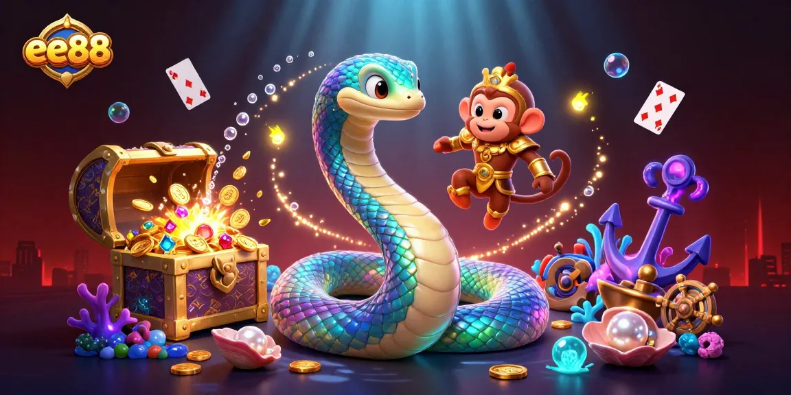 ee88 players engaging with a vibrant casino-themed dynamic scene featuring a rainbow serpent and treasures.