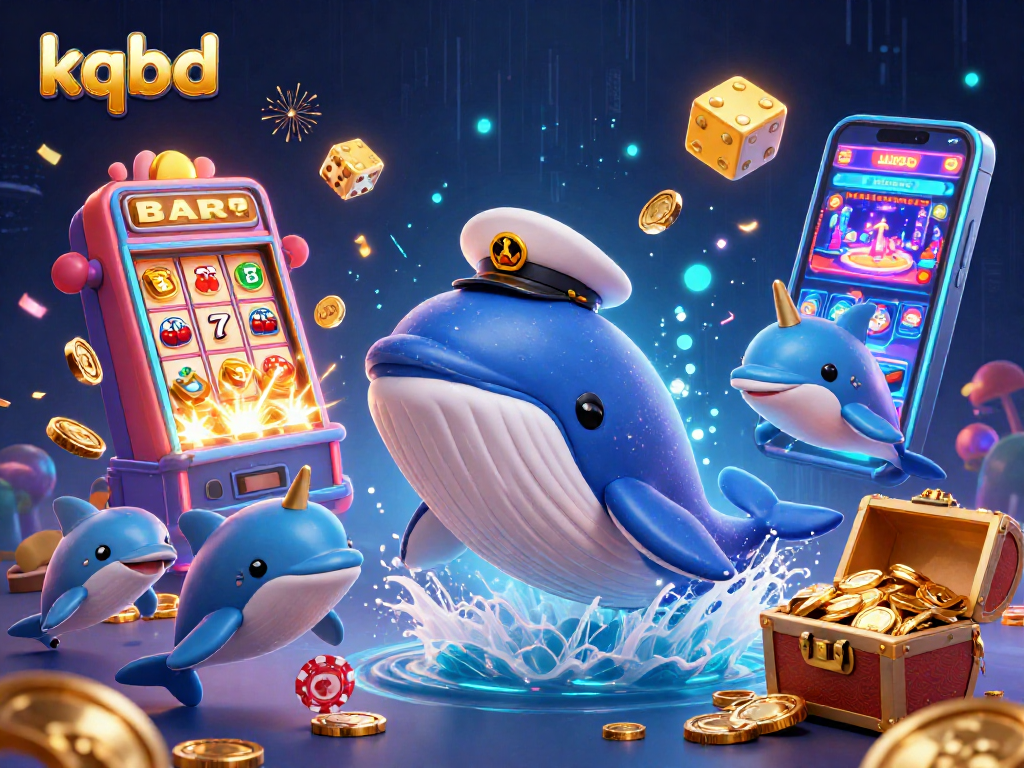 Kqbd offers a thrilling live action scene of a whimsical 3D whale breaching through coins while players engage with gaming elements.