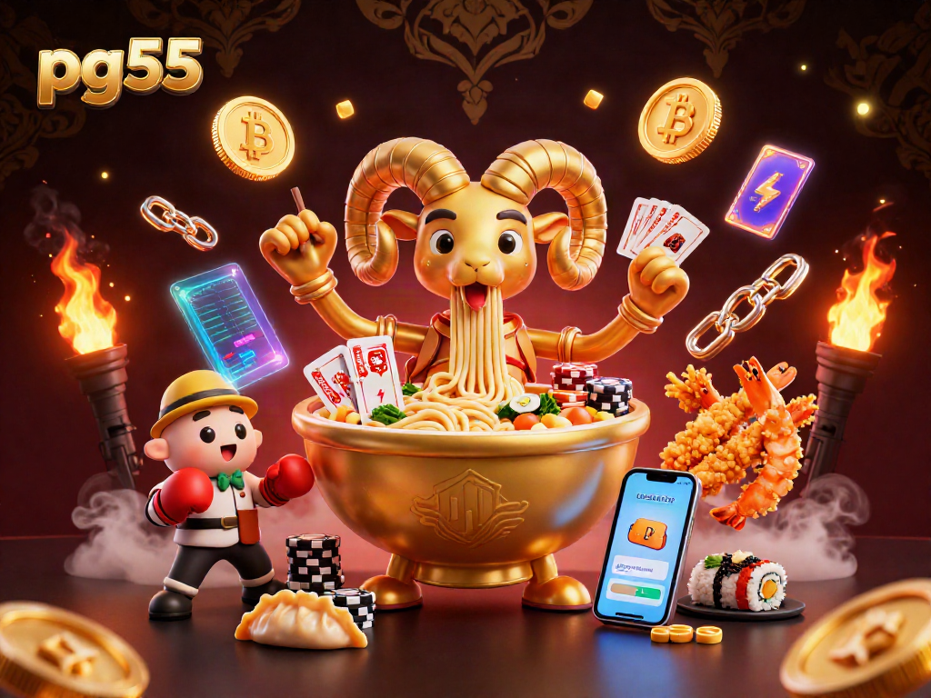 Join pg55 at the lively casino scene with a golden ramen bowl and crypto elements!