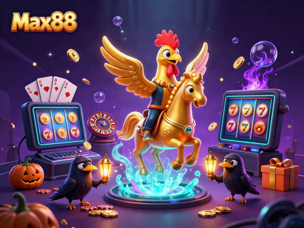 Engage with Max88, featuring a golden rooster and spectral horse amidst a vibrant midnight casino scene.