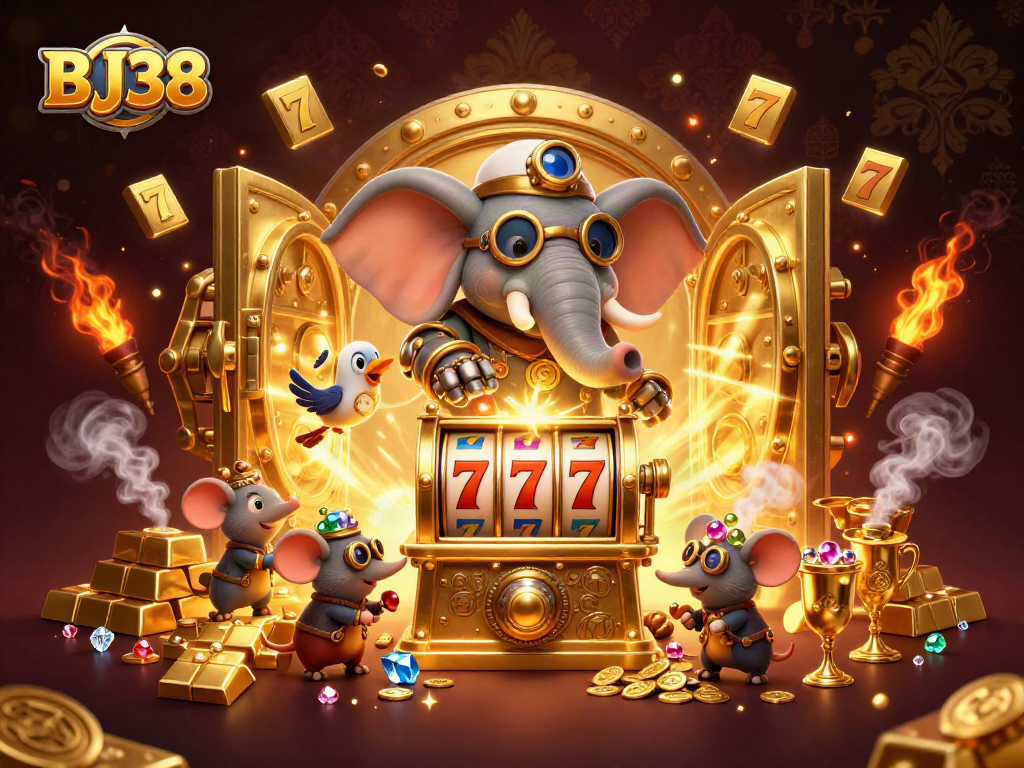 Spin the reels on BJ38's exciting 3D golden slot machine with a steampunk elephant engineer.