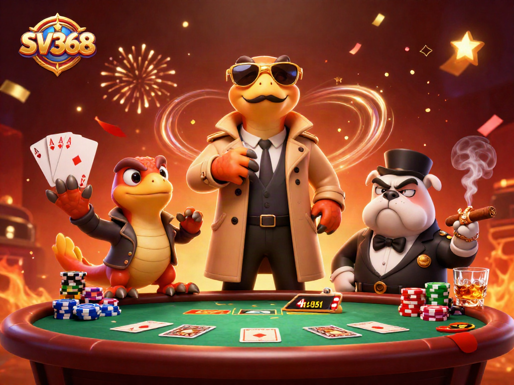 Engage in thrilling SV368 poker action with raptors in disguise entering a casino lounge.