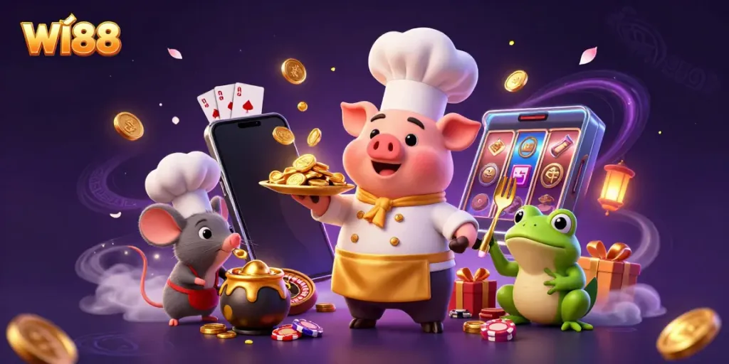 Experience the excitement of WI88, featuring a lively scene with a chef pig, gold rewards, and vibrant casino elements.