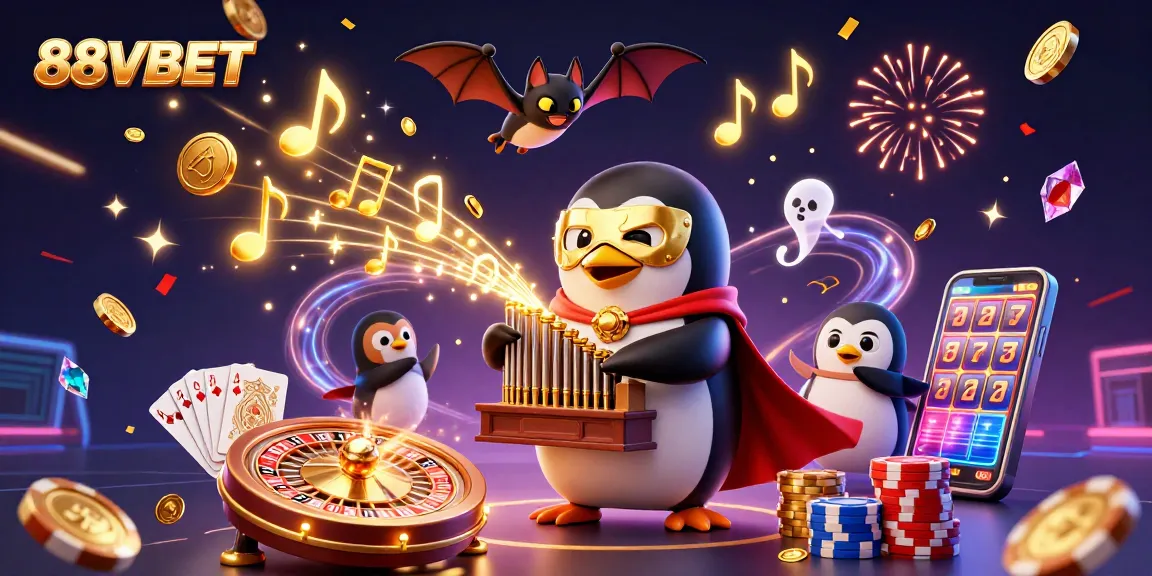 Experience thrills with 88VBET's vibrant casino action illustration featuring a penguin organist!