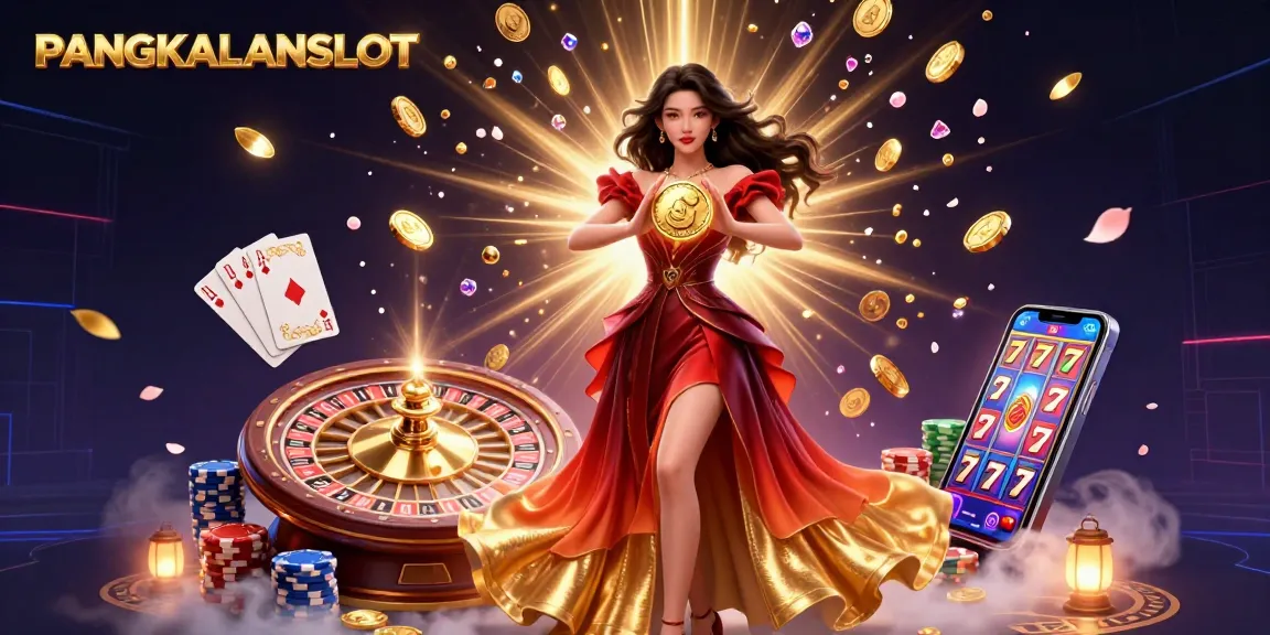 PANGKALANSLOT showcases a stunning Asian woman holding a golden coin amidst a vibrant casino backdrop.