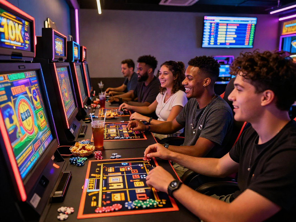 Friends playing slot 10k at a vibrant gaming table in a modern lounge.
