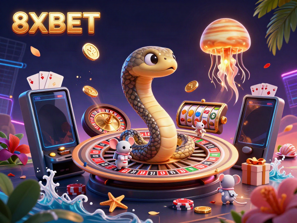 Experience the thrill of betting at 8XBET with a vibrant cosmic casino scene featuring playful characters.