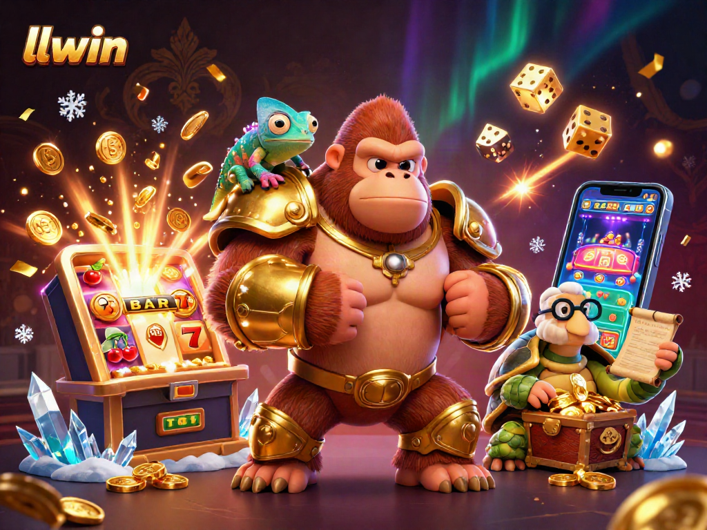 llwin offers a thrilling casino experience with a vibrant 3D illustration of characters and game elements.