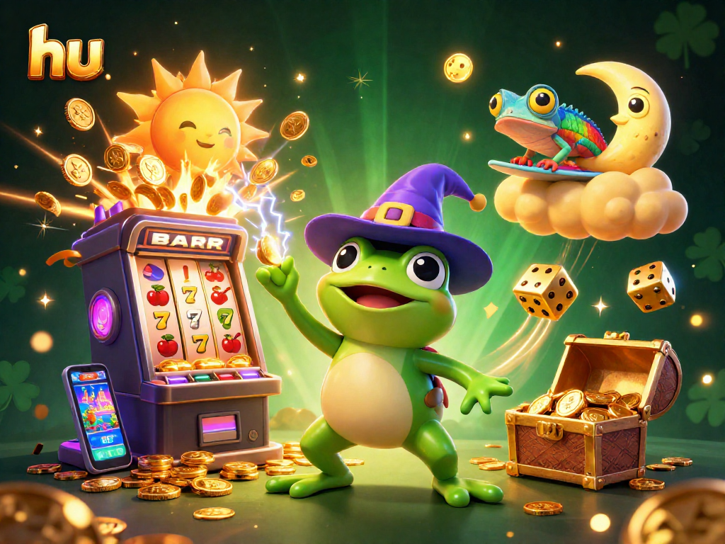 Experience the excitement of hu casino games with a vibrant 3D illustration of a wizard frog and chameleon amidst a jackpot!