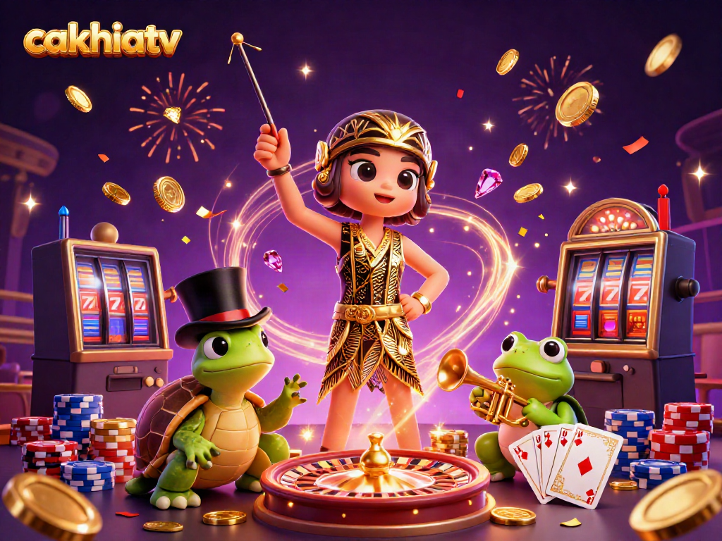 Experience the excitement of cakhiatv with a vibrant scene showcasing gaming elements like roulette and poker amidst flying coins.