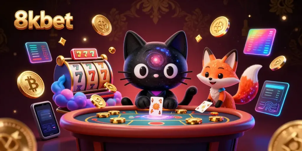 Experience the thrill of 8xbet with a cosmic casino scene showcasing a black hole cat, slot reels, and glowing tokens.