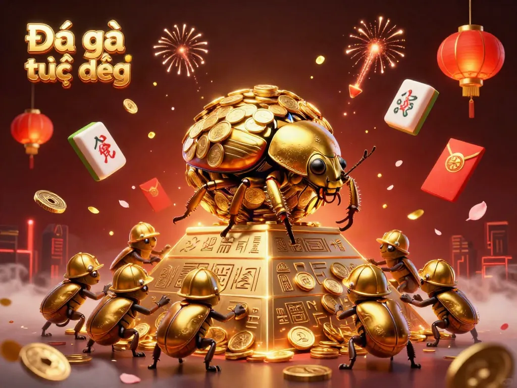 Experience thrilling Đá gà trực tiếp action with a dynamic scene featuring golden beetles and casino elements.