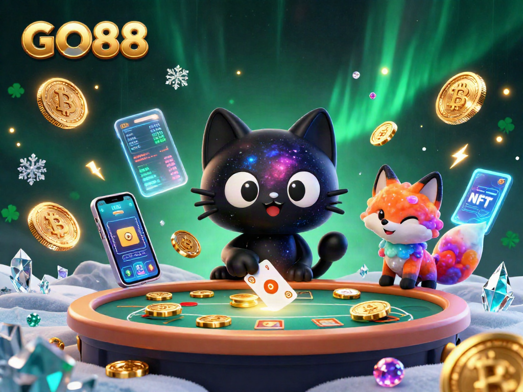Engage with GO88's vibrant cosmic casino featuring a black hole cat and colorful elements.