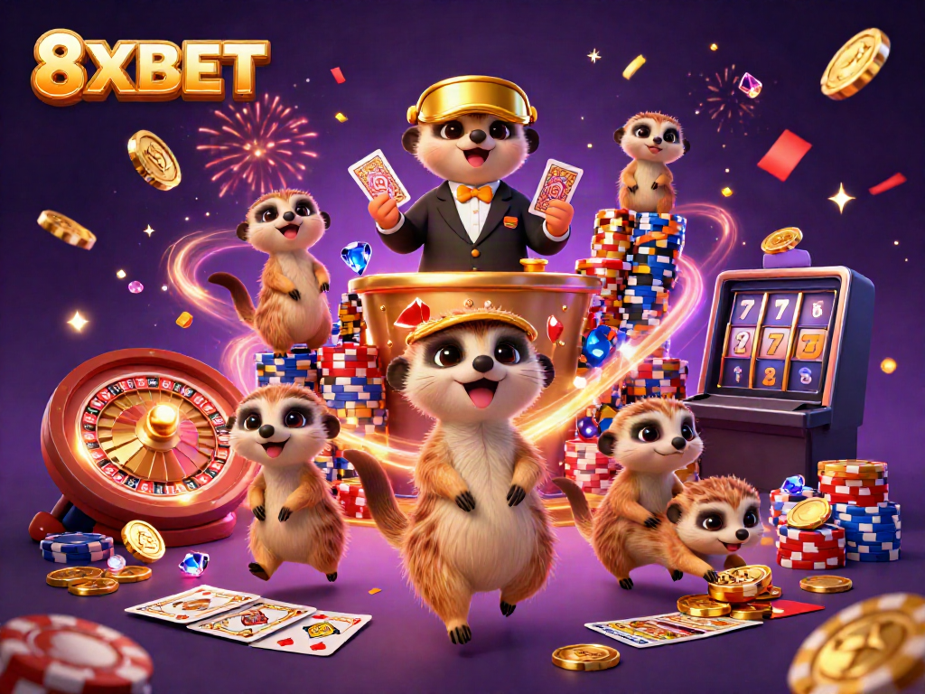 Experience the dynamic casino action of 8XBET featuring playful meerkats in a lively gaming setup.
