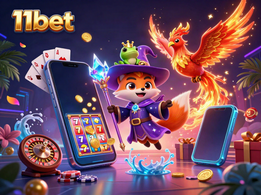 Experience the excitement of 11bet slots with a magical 3D illustration featuring a wizard fox and a phoenix.