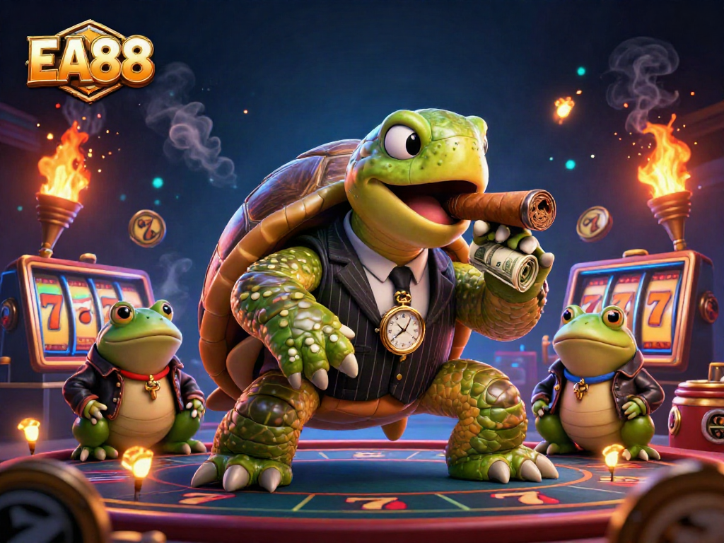 Play slots with EA88 as a mobster turtle and bullfrog enforcers light up the casino scene.