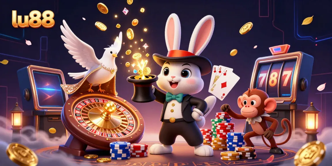 Experience the exciting world of lu88 casino with a cartoon magician and vibrant game elements.