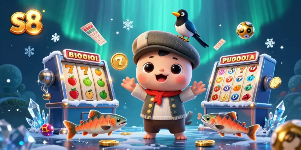 Play slots with s8, colorful 3D casino elements featuring baby Nessie, magpie, and salmon.