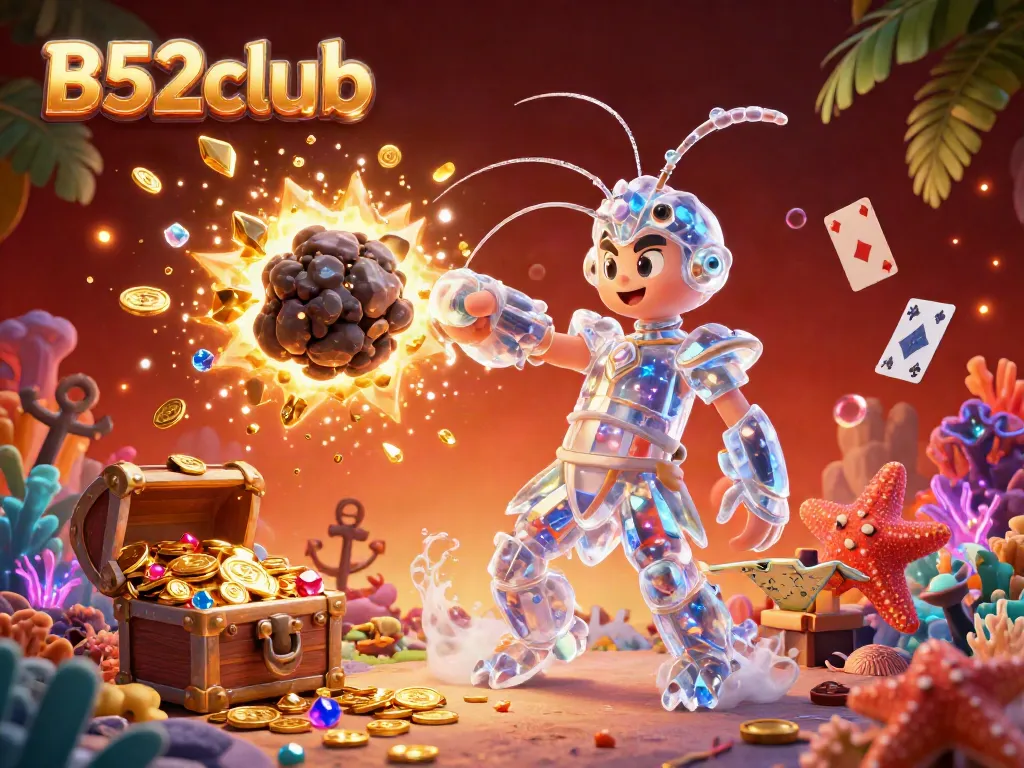Experience thrilling gaming action at B52club with a vibrant illustration of a galactic hero amidst treasure and fun.