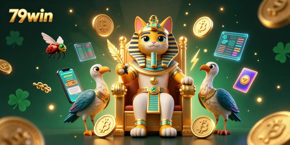 79win offers a vibrant gaming experience with a pharaoh cat and digital currencies in a captivating casino scene.