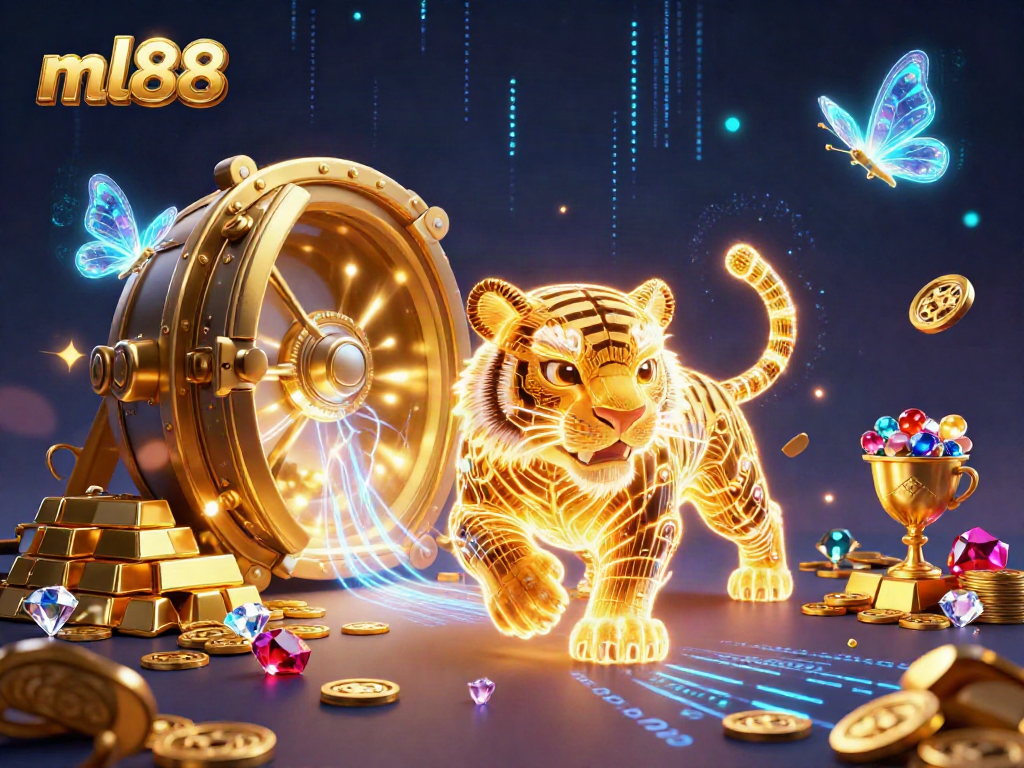 Experience vibrant casino action with ml88 as a neon tiger prowls amidst treasure.