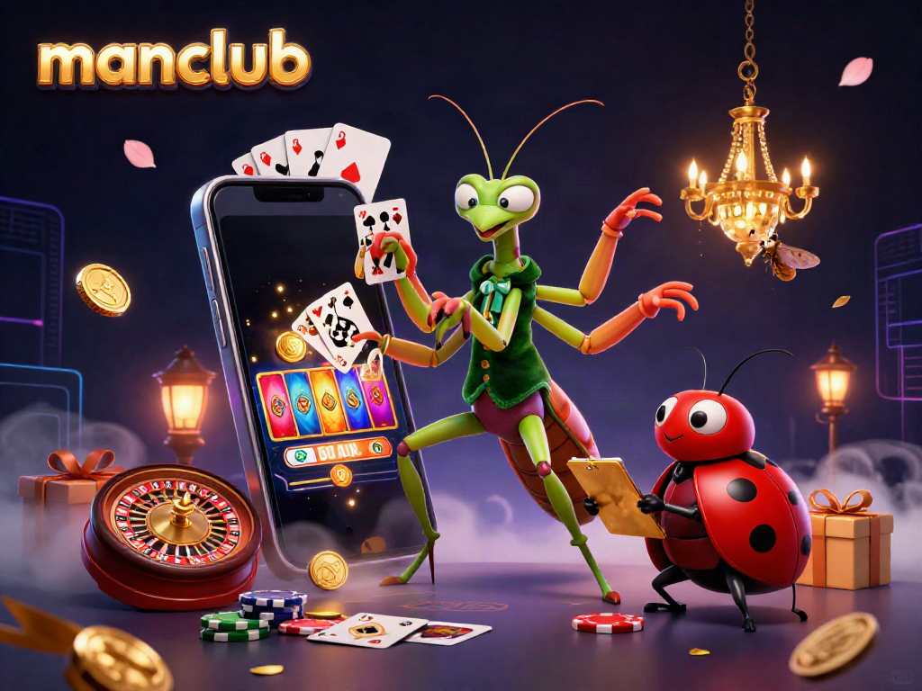 Experience excitement at Manclub with a giant mantis card sharp, ladybug pit boss, and dynamic casino scene.