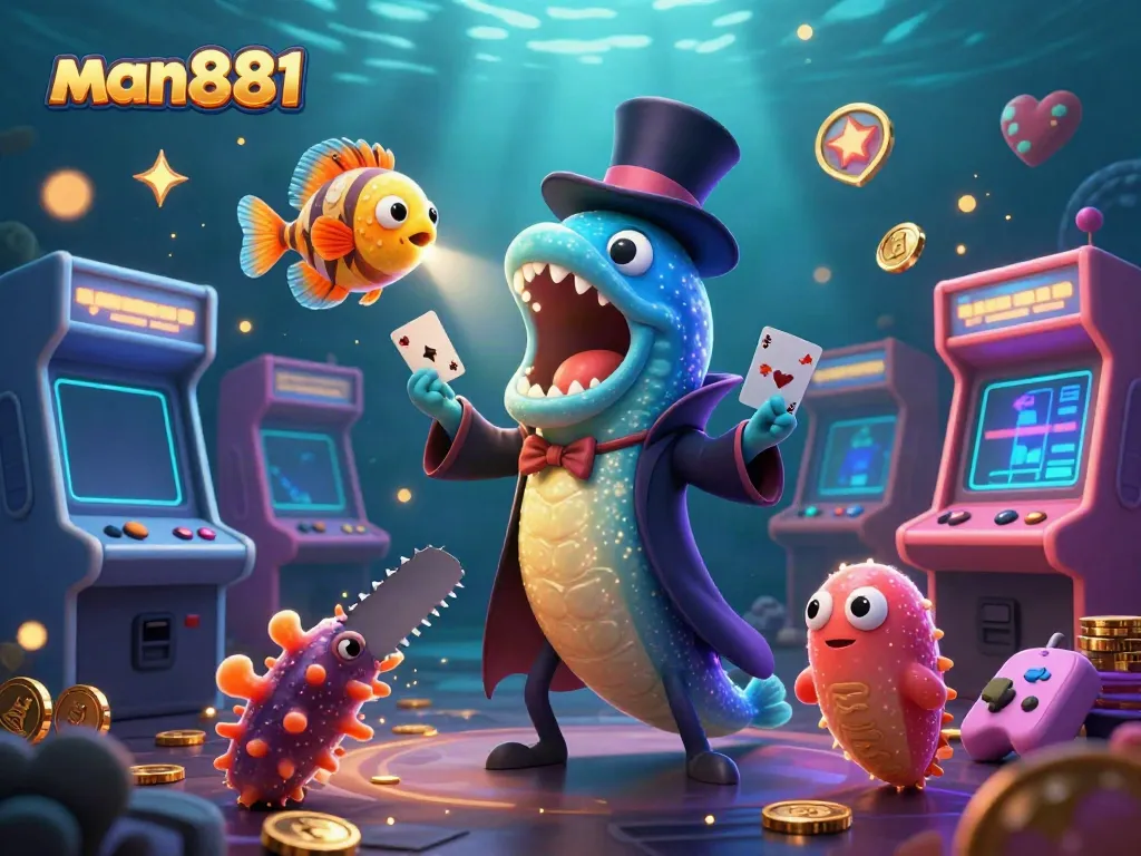 Experience thrilling card tricks at man881 with enchanting sea creatures in a vibrant casino-themed illustration.