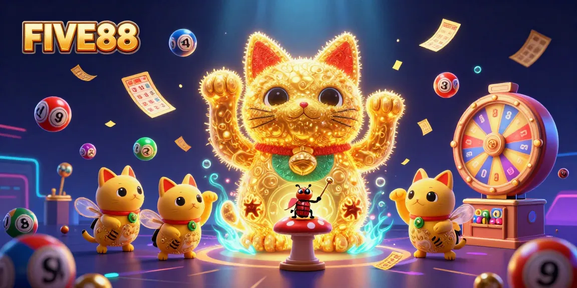 Engage with FIVE88's vibrant casino scene featuring a lucky cat and dynamic gambling elements.
