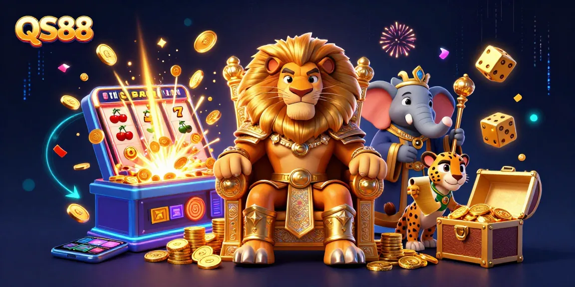 Experience the excitement of QS88 with a fierce lion king surrounded by vibrant casino elements.