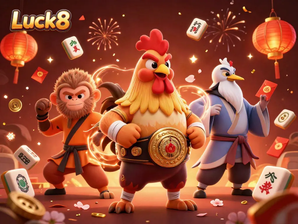 Luck8 features a dynamic 3D scene with a Muay Thai rooster, Shaolin monkey, and a crane master amidst casino game elements.