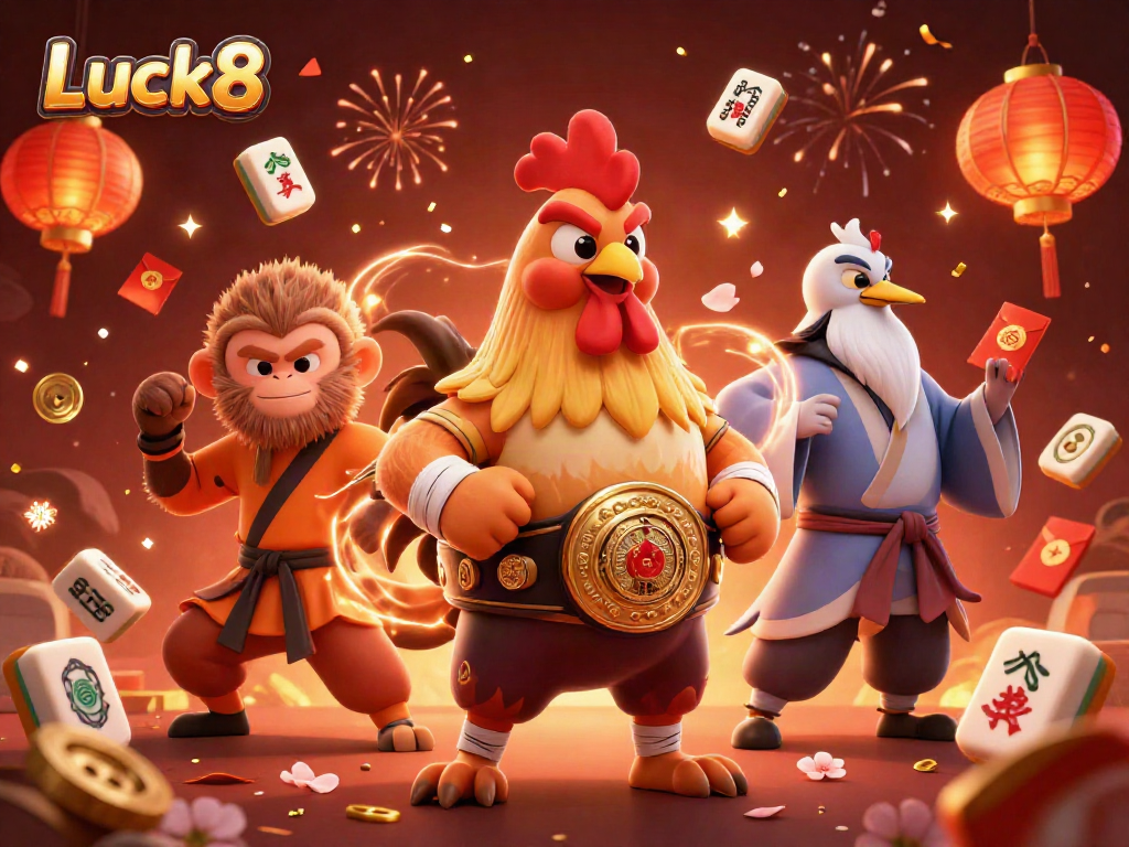 Luck8 features a dynamic 3D scene with a Muay Thai rooster, Shaolin monkey, and a crane master amidst casino game elements.