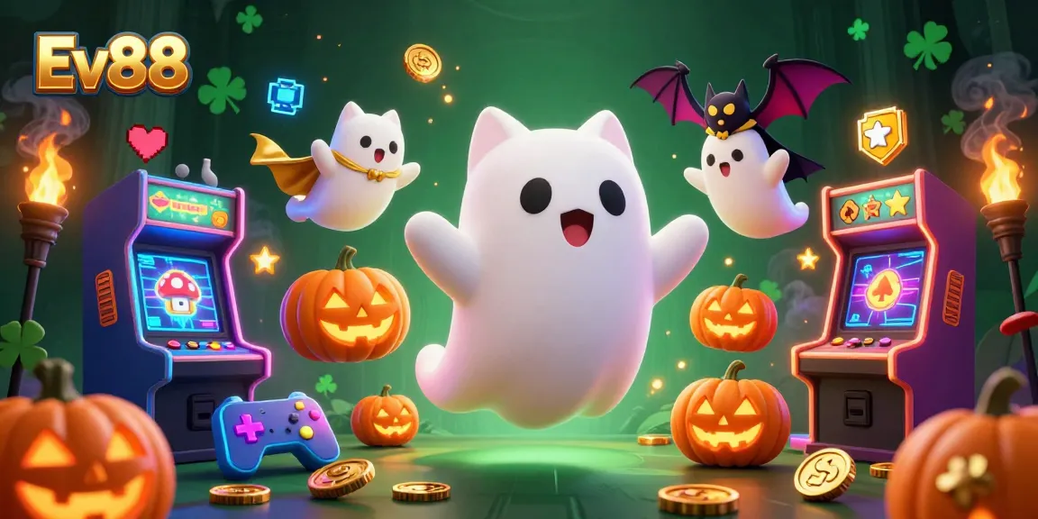 Join Ev88 for an exciting online gaming experience with slot machines, ghost cats, and vibrant colors.