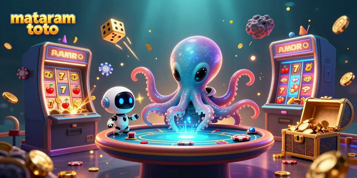 Experience mataram toto with a vibrant 3D scene of an alien octopus at a floating poker table.