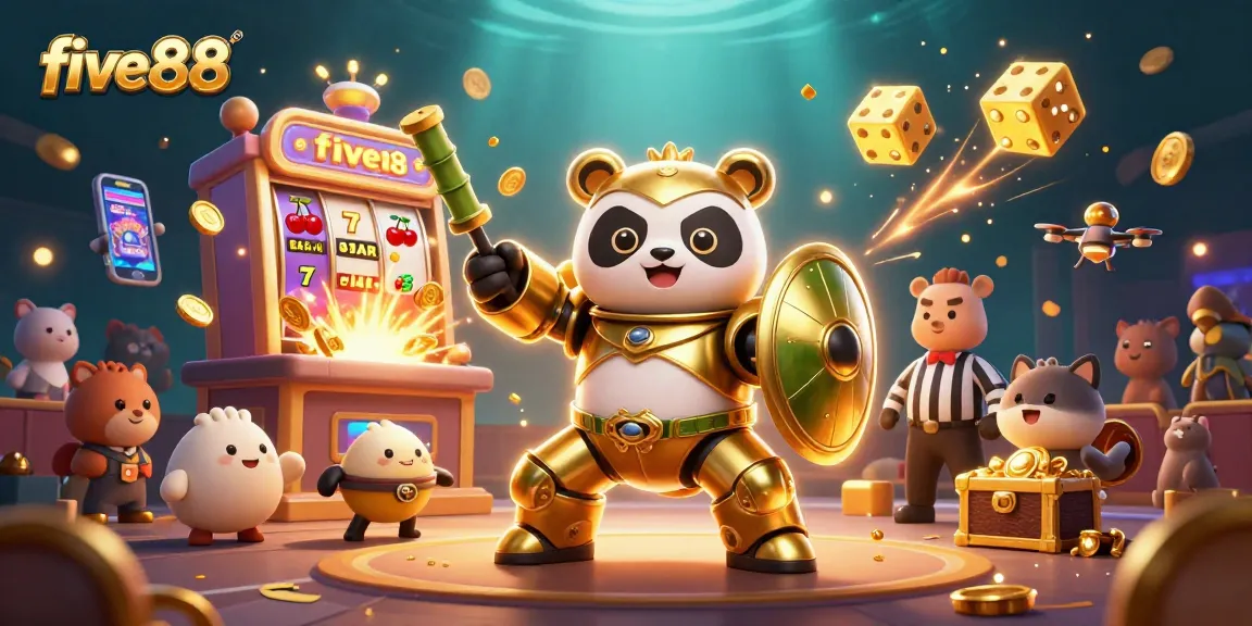 Engage with five88's vibrant casino games showcased in a dynamic, colorful arena filled with excitement.
