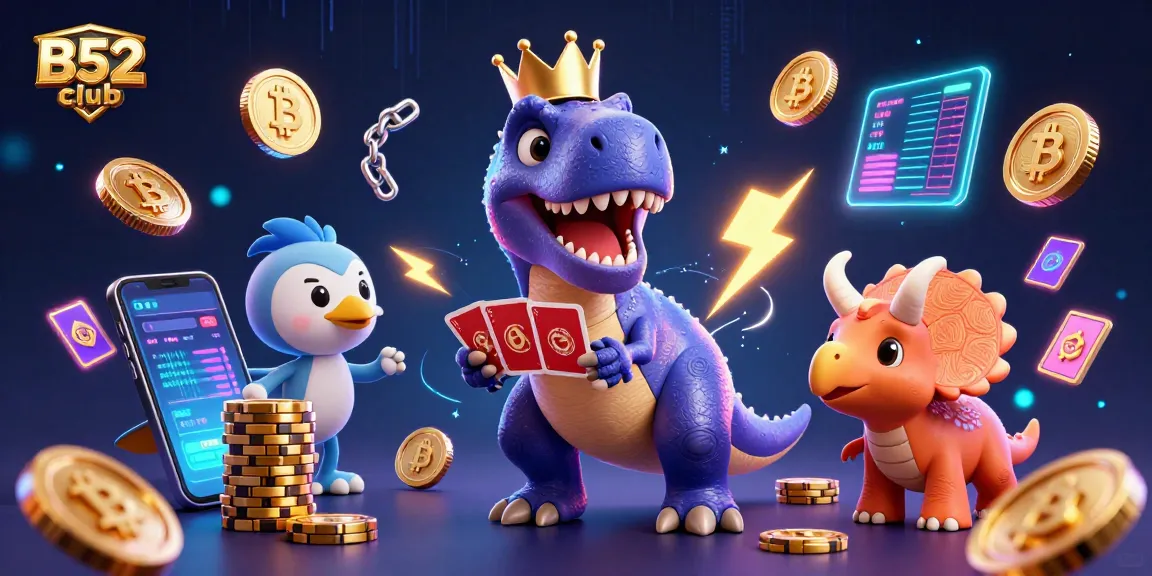 Experience the excitement of B52club as a T-Rex shuffles cards, with crypto coins and vibrant game elements surrounding them.