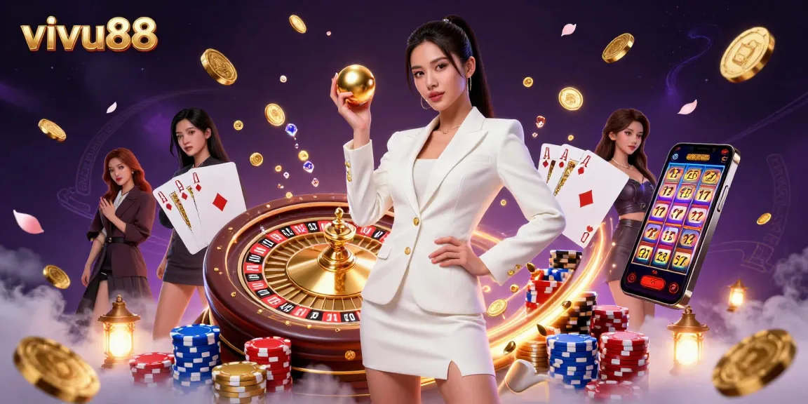 Experience thrills with vivu88's stunning casino scene featuring a confident woman and rich gaming elements.