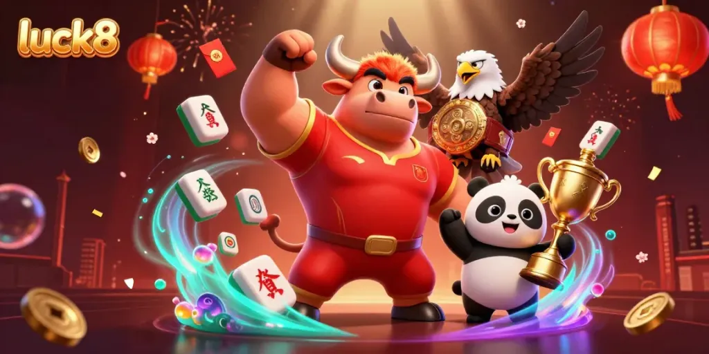 Experience luck8's vibrant casino world with a powerful bull, eagle, and panda in celebration.