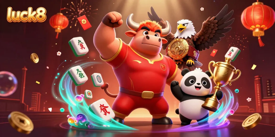 Experience luck8's vibrant casino world with a powerful bull, eagle, and panda in celebration.
