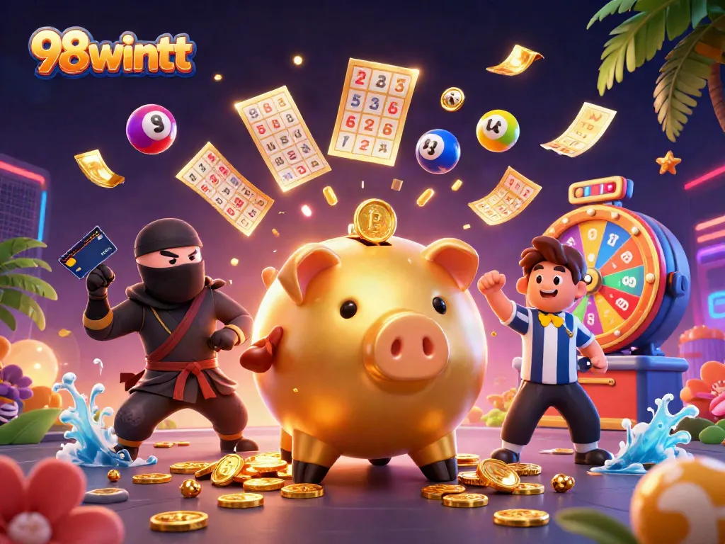 Join the excitement at 98wintt with a dynamic 3D illustration showcasing lively casino action.