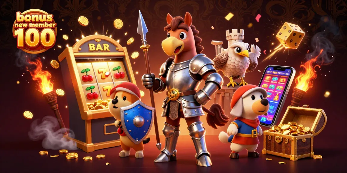 Spin and win big with the bonus new member 100, featuring a knight and colorful casino elements.