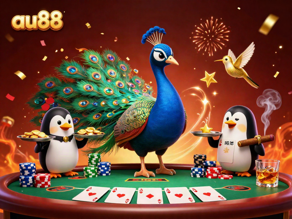 Engage in thrilling poker action with au88, featuring vibrant characters and casino elements in a festive backdrop.