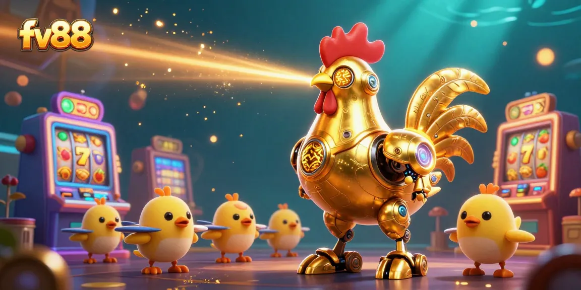 Spin the reels with fv88's thrilling slots while a golden rooster robot beams excitement.