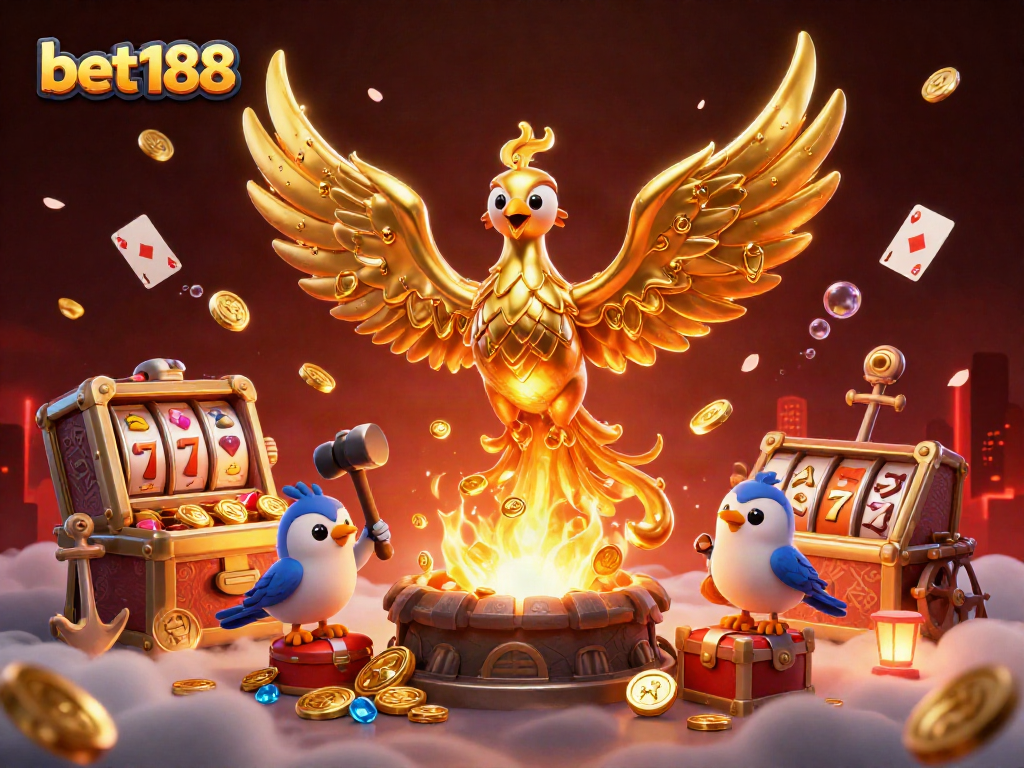 Win big with exciting games at bet188, featuring a golden phoenix and vibrant casino elements.
