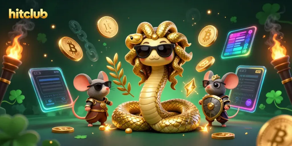 Win big with hitclub's engaging 3D casino illustration showcasing Medusa and a warrior mouse.