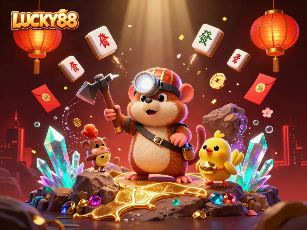 Experience thrilling gameplay at LUCKY88 with a dynamic illustration of treasures and golden vibes.