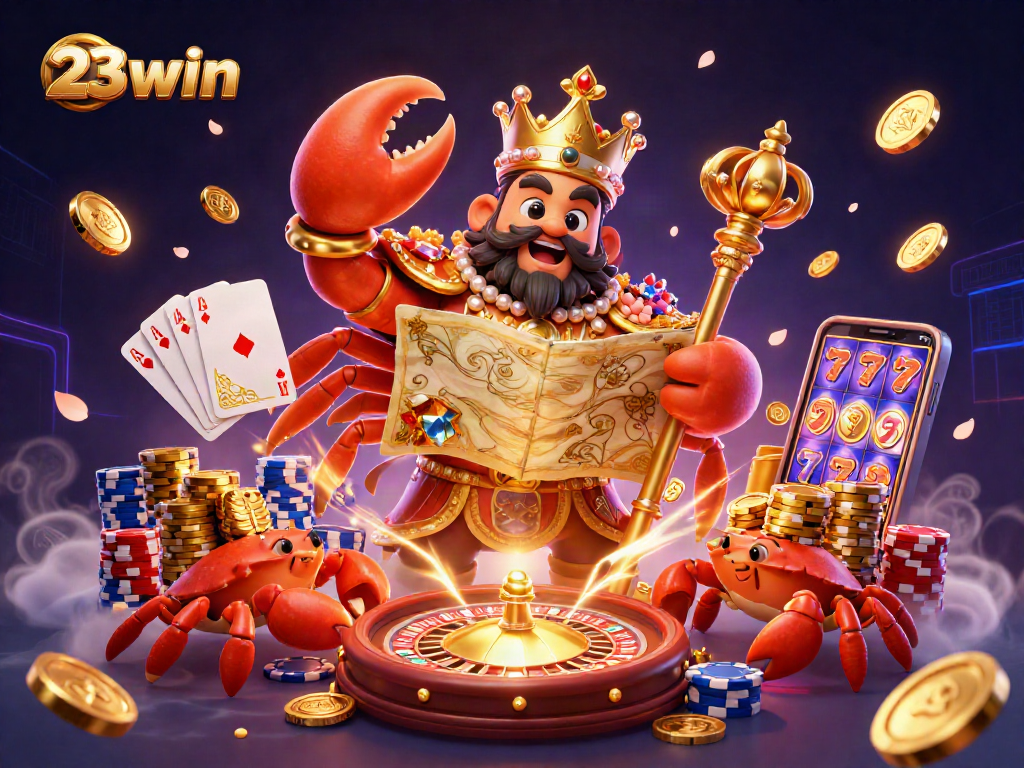 Experience the vibrant world of gambling with 23win, featuring a golden crab emperor and casino elements.