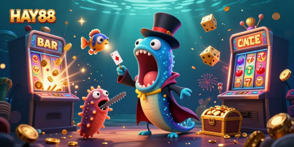 Experience the thrilling magic of HAY88 with vibrant characters and cascading casino elements in a lively underwater scene.